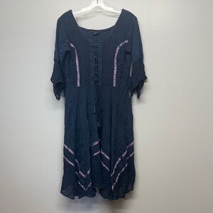 Boho Embroidered Lace Up Cottagecore Festival Peasant Free Size Midi Dress